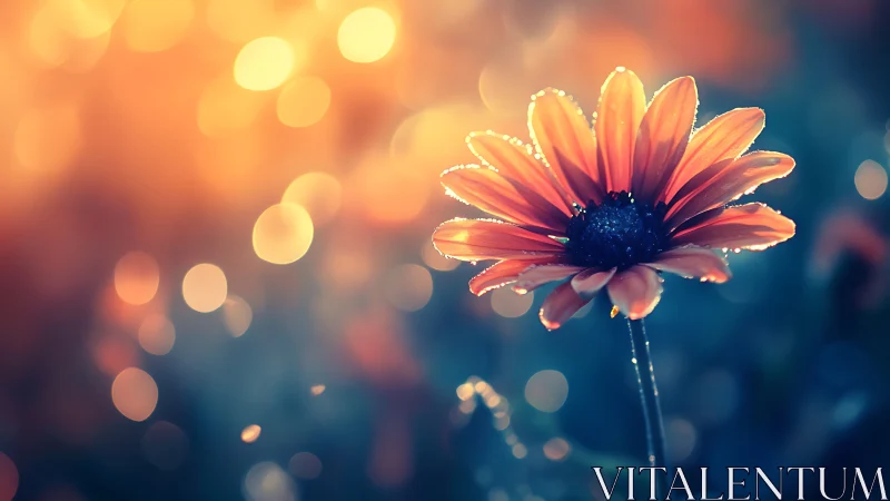 Orange daisy with water droplets backlit by warm golden bokeh