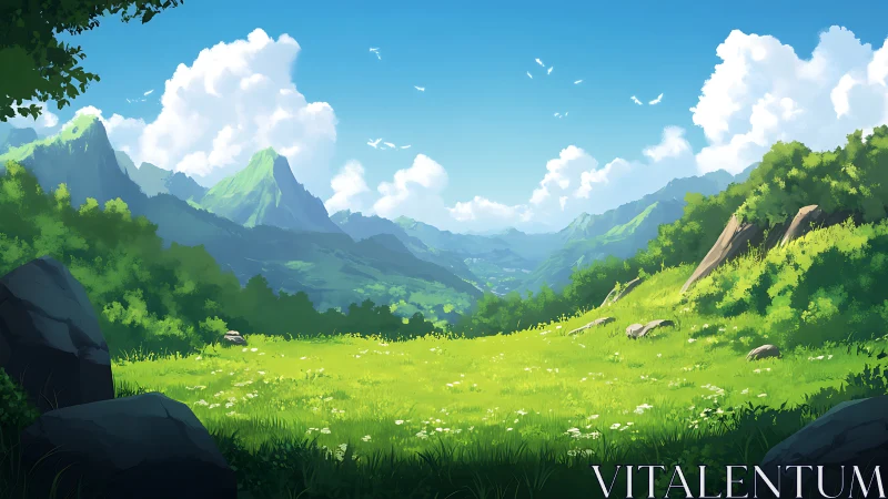 Digital pastoral valley with luminous alpine meadow framing.