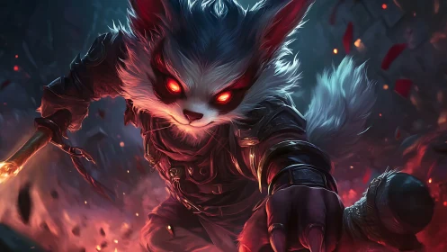 Demonic fox warrior lunges through blazing embers at viewer.