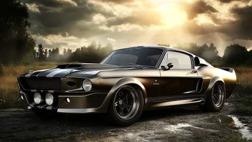 Classic muscle car gleams under dramatic sunset sky.