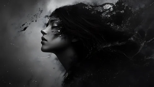 Midnight muse dissolving into storm-swept shadow skies.