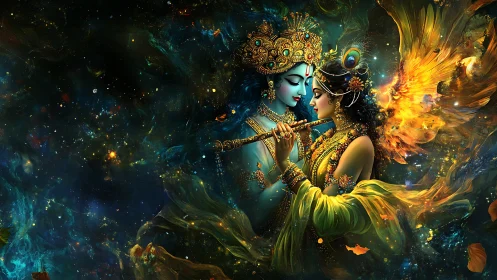 Divine couple in ornate cosmic scene with glowing colors.