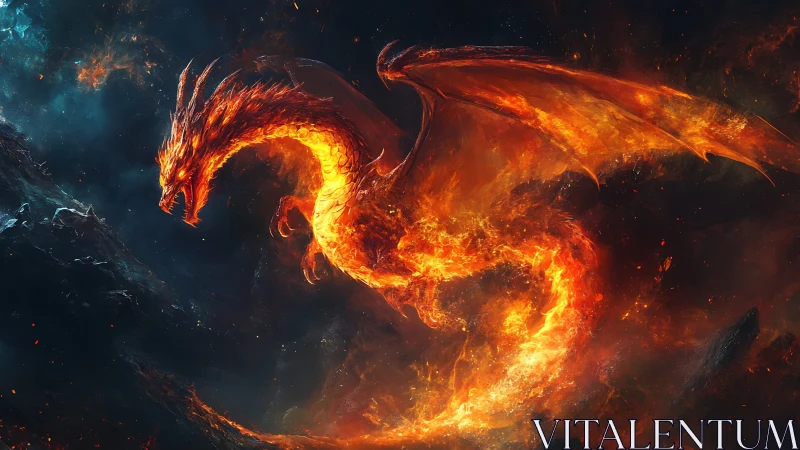 Infernal fire dragon coils through a burning cosmic storm