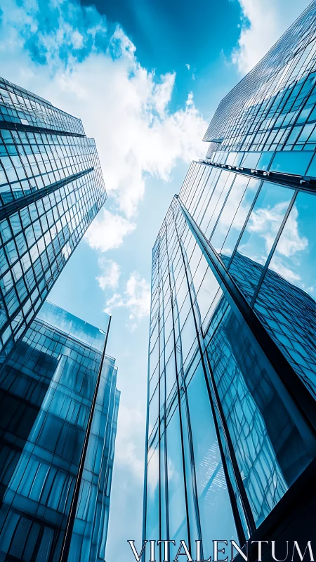 Glass skyscrapers soar into a vivid blue urban skyline.