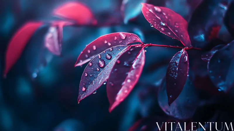 Leaves with water droplets in blue and magenta lighting.