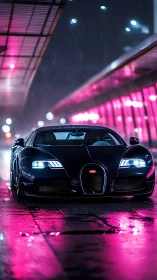Neon soaked supercar glows under rainy city night lights