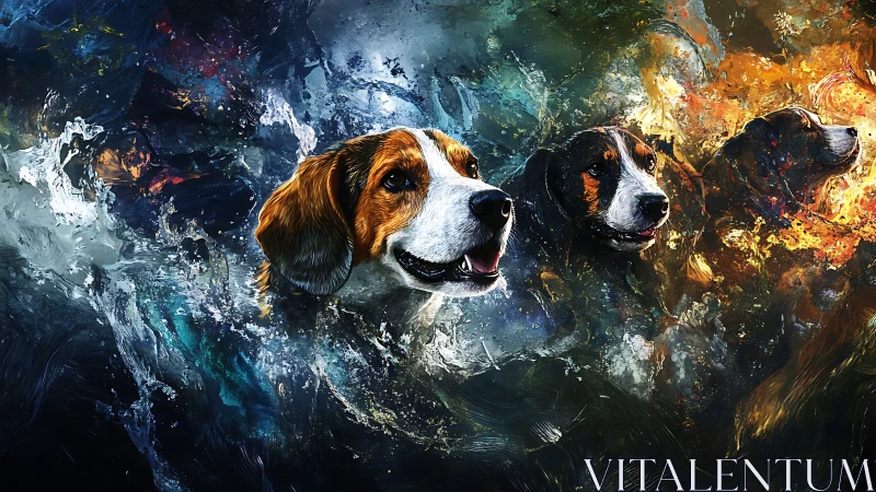 Triumphant hounds surge through swirling elemental colors.