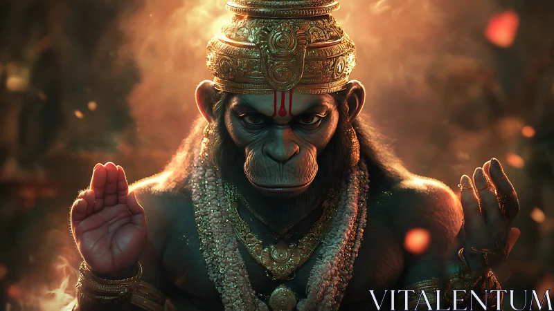 Radiant monkey deity in ember-lit divine stillness.