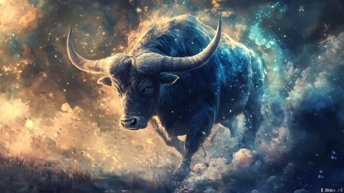 Celestial bull charges forward through glowing cosmic clouds