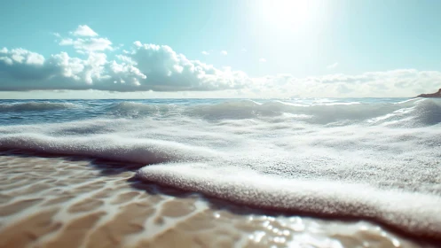 Photorealistic shoreline with sunlit foam and low horizon line.