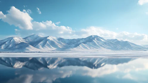 Snowlit mountains rest quietly above a glassy winter lake