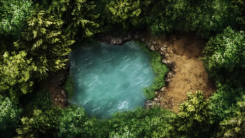 Natural pool with turquoise water surrounded by vegetation.