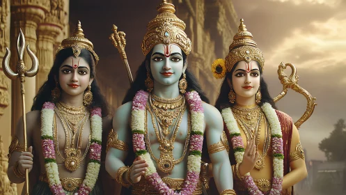 Hindu deities in ornate temple setting with detailed garlands.