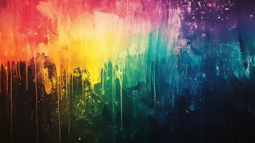 Dripping neon rainbow storm over midnight oceanscape.