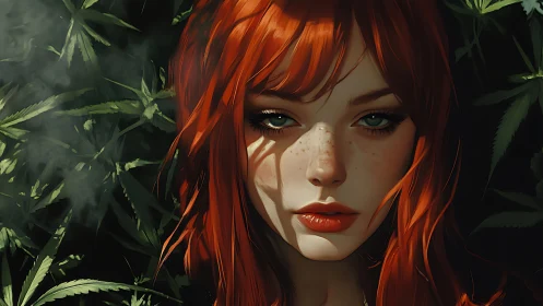 Red haired woman amid dense cannabis foliage portrait.
