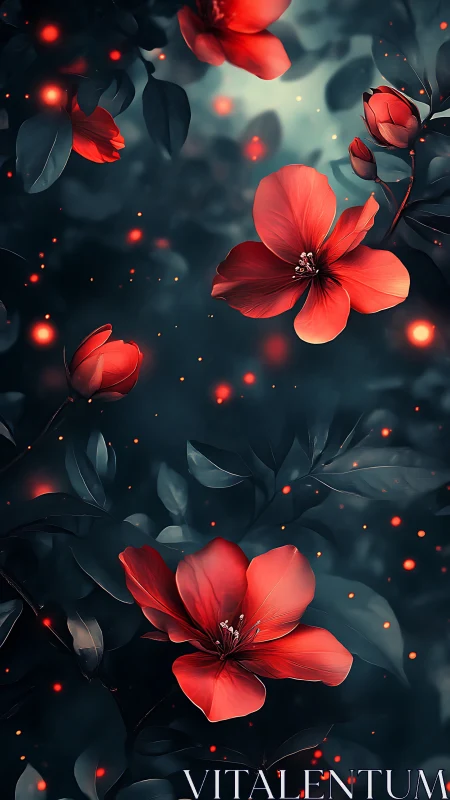 Luminescent Petals Drift Through Twilight Nebula.