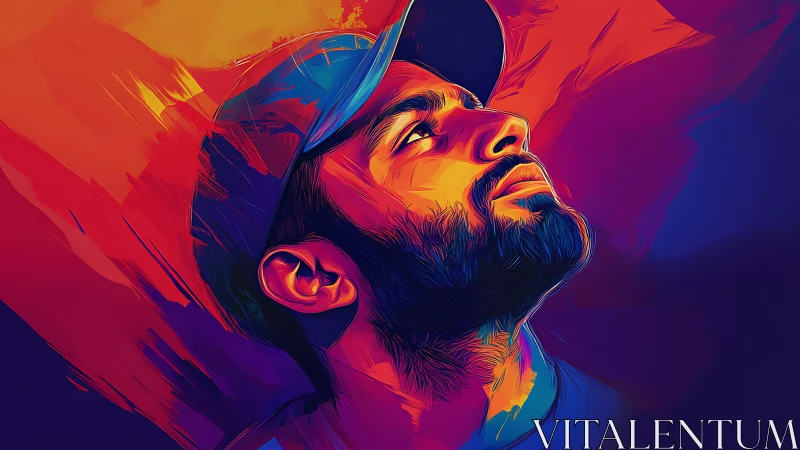 Vibrant digital portrait of a hopeful man gazing upward