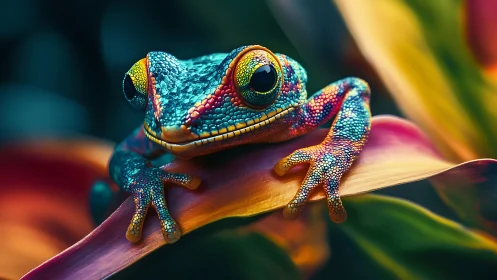 Curious rainbow frog relaxing on a leaf in glowing color.