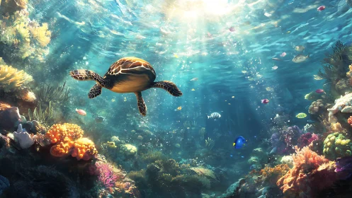 Sunlit turtle glides through a coral kingdom of color
