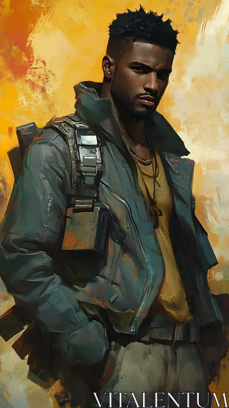 Brooding sci fi soldier stands against blazing abstract sky