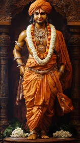 Devotional statue in saffron robes rendered as ornate digital painting