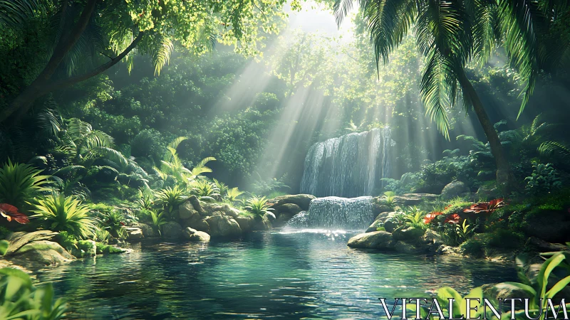 Dense tropical pool and waterfall under filtered sunlight.
