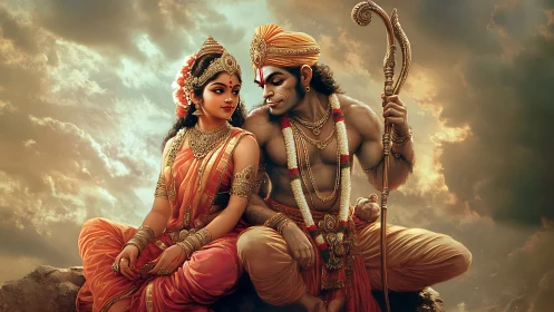 Gentle divine companions share a quiet golden sunset moment