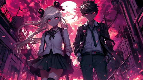 Moon-drenched delinquents stride through neon-ruined dusk