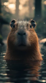 Stoic forest capybara surfaces like a tiny, wet oracle