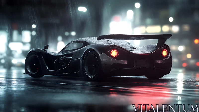 Futuristic hypercar waits on wet neon city street at night