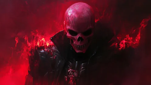 Crimson skull warlord emerges through burning shadow storm
