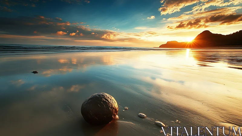Sunset light over reflective shore with single round stone.