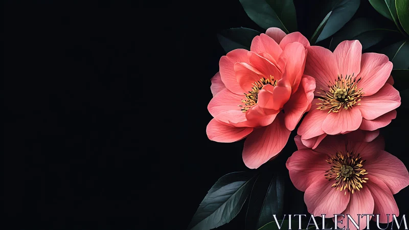 Three Coral Peonies with Golden Stamens Against Dark Background