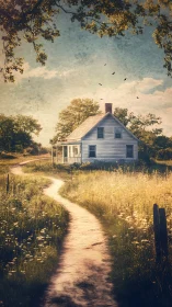 Sunlit farmhouse at the end of a wandering dirt path.