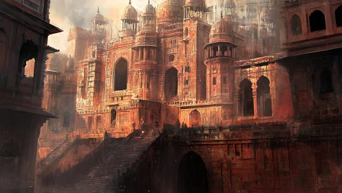 Sunlit crimson palace rises above worn stone stairways