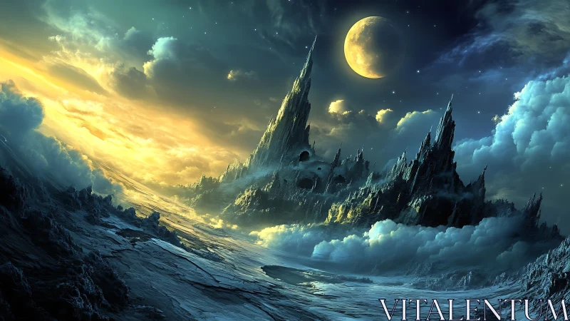 Moonlit spires rise above swirling clouds in a mystical world