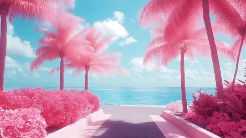 Dreamlike pink palm avenue opening to cyan ocean horizon.