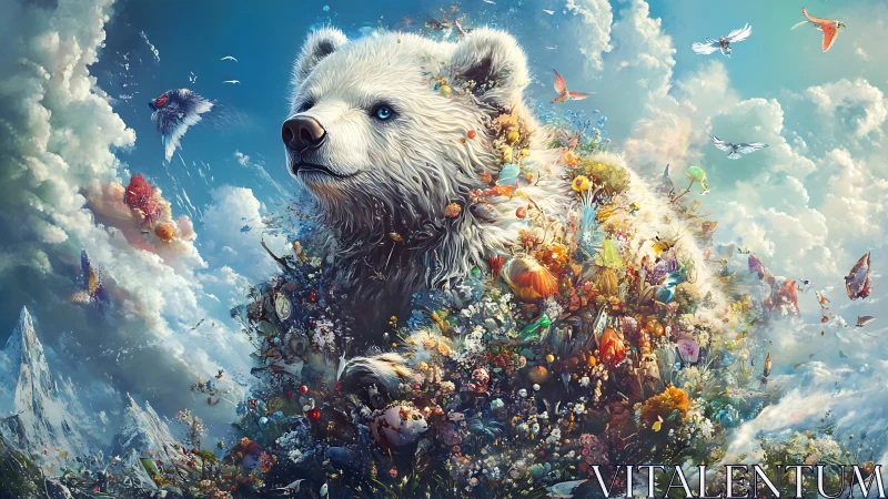 Polar cub biosphere nexus amid atmospheric cloud strata.