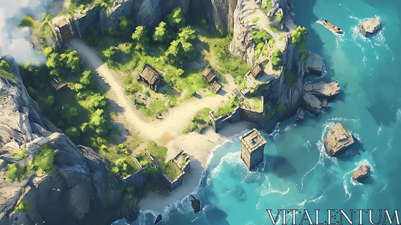 Coastal Settlement in Turquoise Bay with Rocky Cliffs.