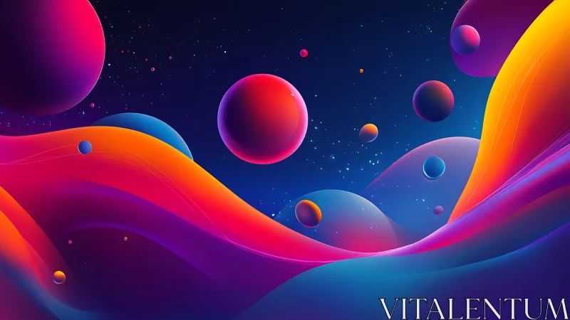 Dreamy neon planets drifting over glowing cosmic waves.