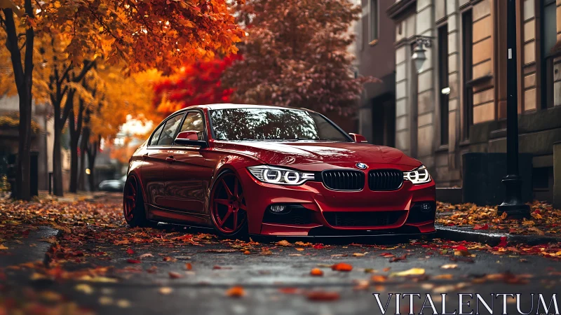 Crimson BMW sedan parked along rain-slick autumn avenue.