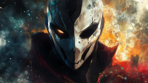 Armored skull warrior emerges from fire and shadowed smoke.