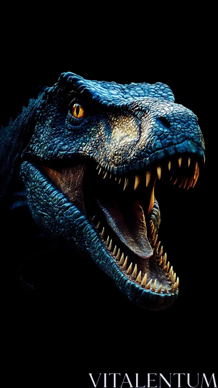Blue-lit dinosaur head bares fanged jaws on black background.