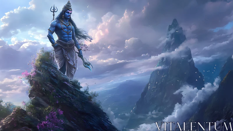 Blue-skinned deity stands on misty mountain peak at dawn