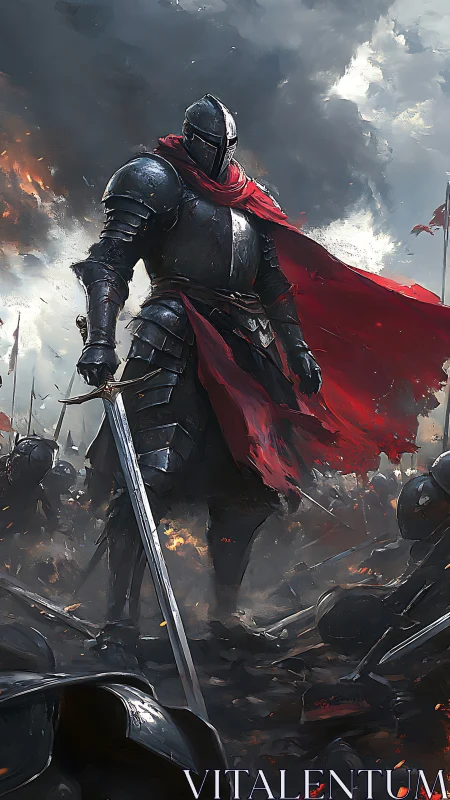 Armored warlord stands over burning battlefield ruins