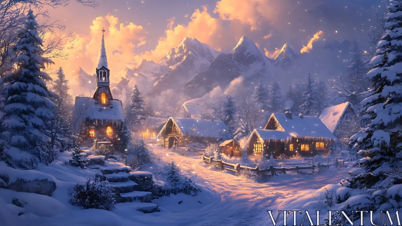 Snowy alpine village glows under a warm winter sunset.