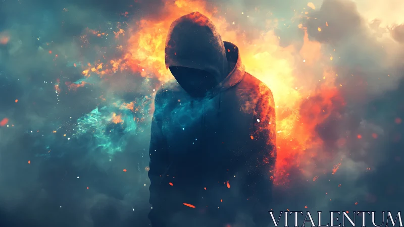 Hooded wanderer wrapped in stormy fire and glowing mist.