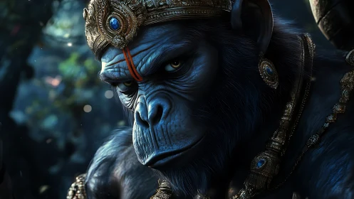 Regal simian warrior under moody jungle rim light panorama.