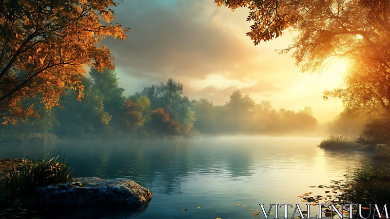 Golden sunrise over tranquil misty forest lake panorama.