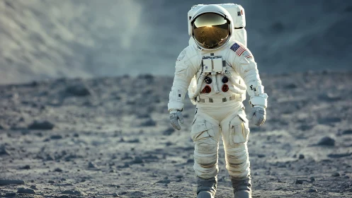 Lone astronaut strides across a silent, alien gray landscape